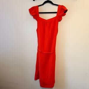 New Linen Blend Flutter Sleeve Shift Summer Dress Loft Midi Red Orange Small
